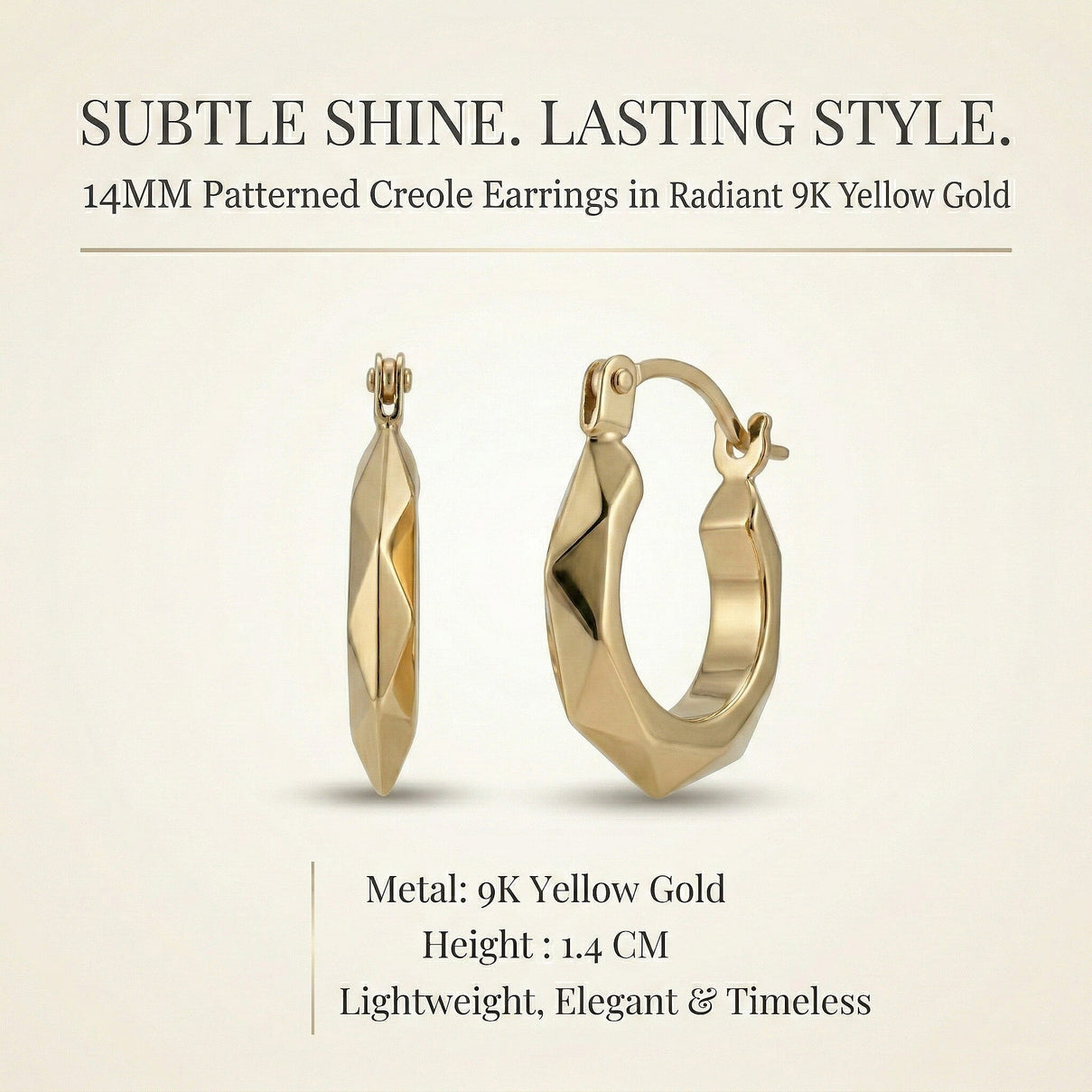 9K Yellow Gold 14MM Patterned Creole Earrings 0.53 grams 6092938 6