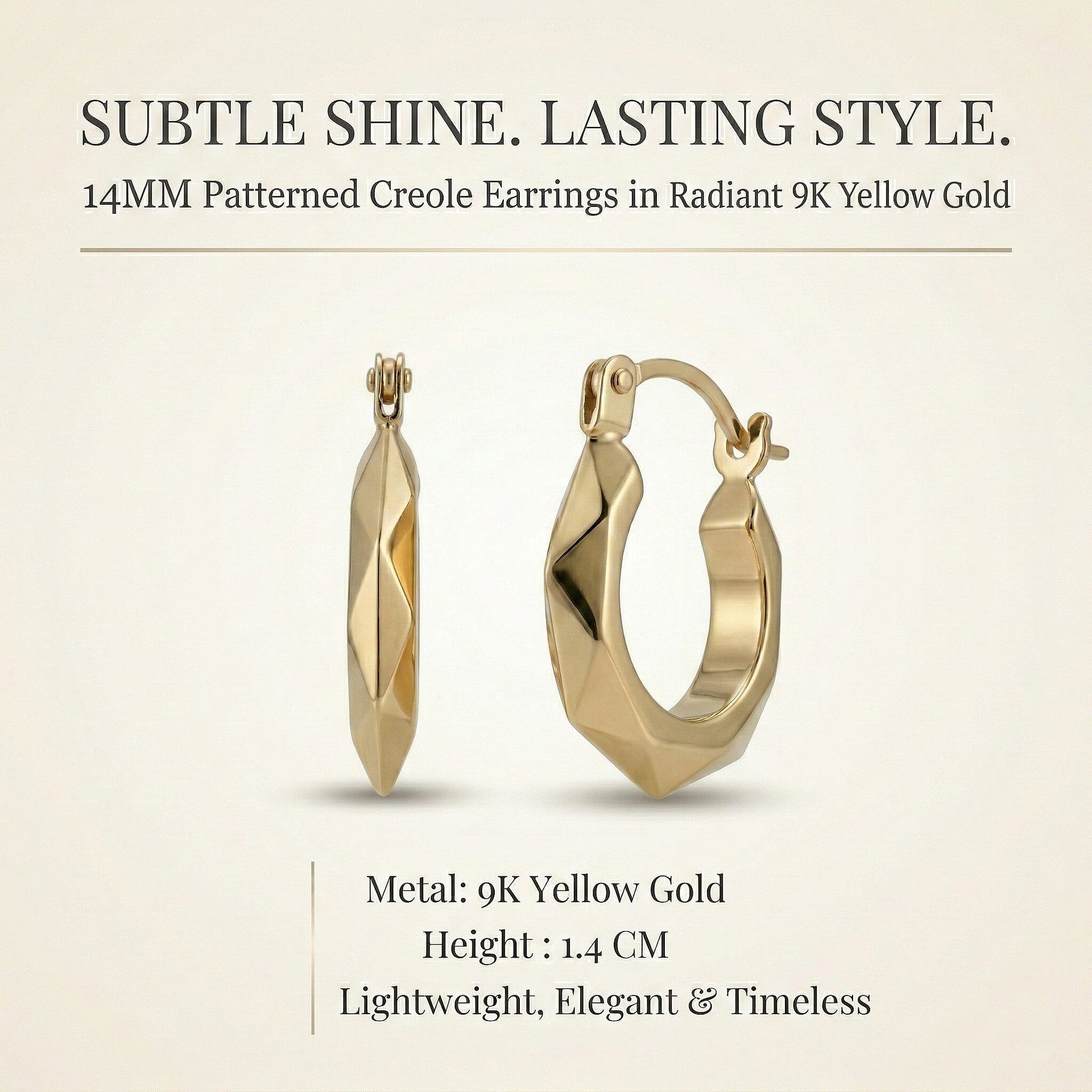 9K Yellow Gold 14MM Patterned Creole Earrings 0.53 grams 6092938 6