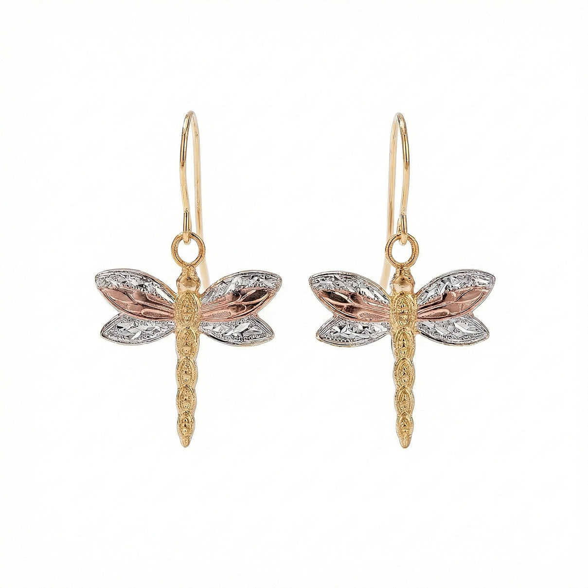 9K Tri Colour Gold 15MM X 17MM Textured Dragonfly Drop Earrings 0.45 grams 6093012 0