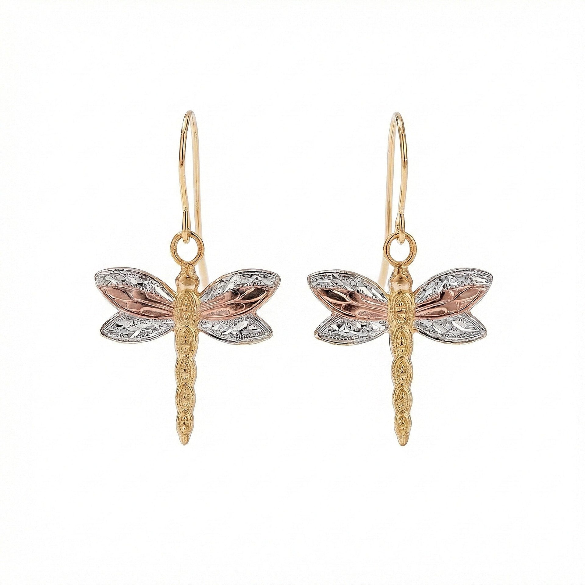 9K Tri Colour Gold 15MM X 17MM Textured Dragonfly Drop Earrings 0.45 grams 6093012 0