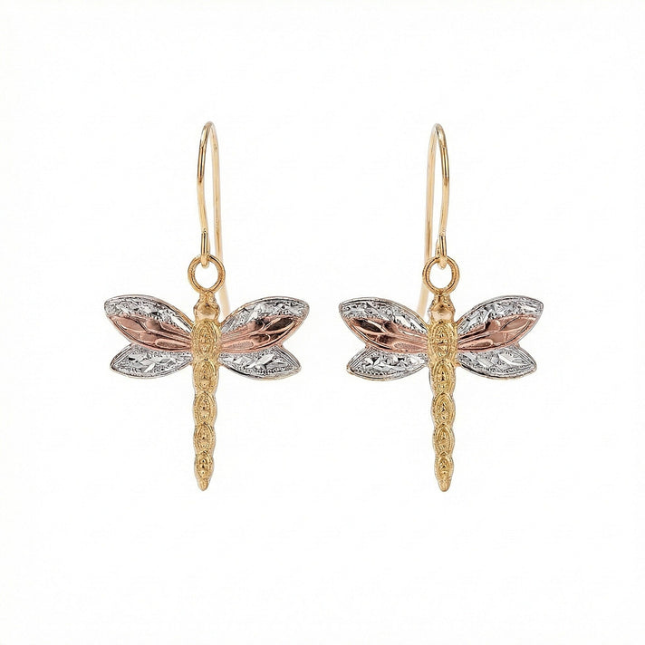9K Tri Colour Gold 15MM X 17MM Textured Dragonfly Drop Earrings 0.45 grams 6093012 1