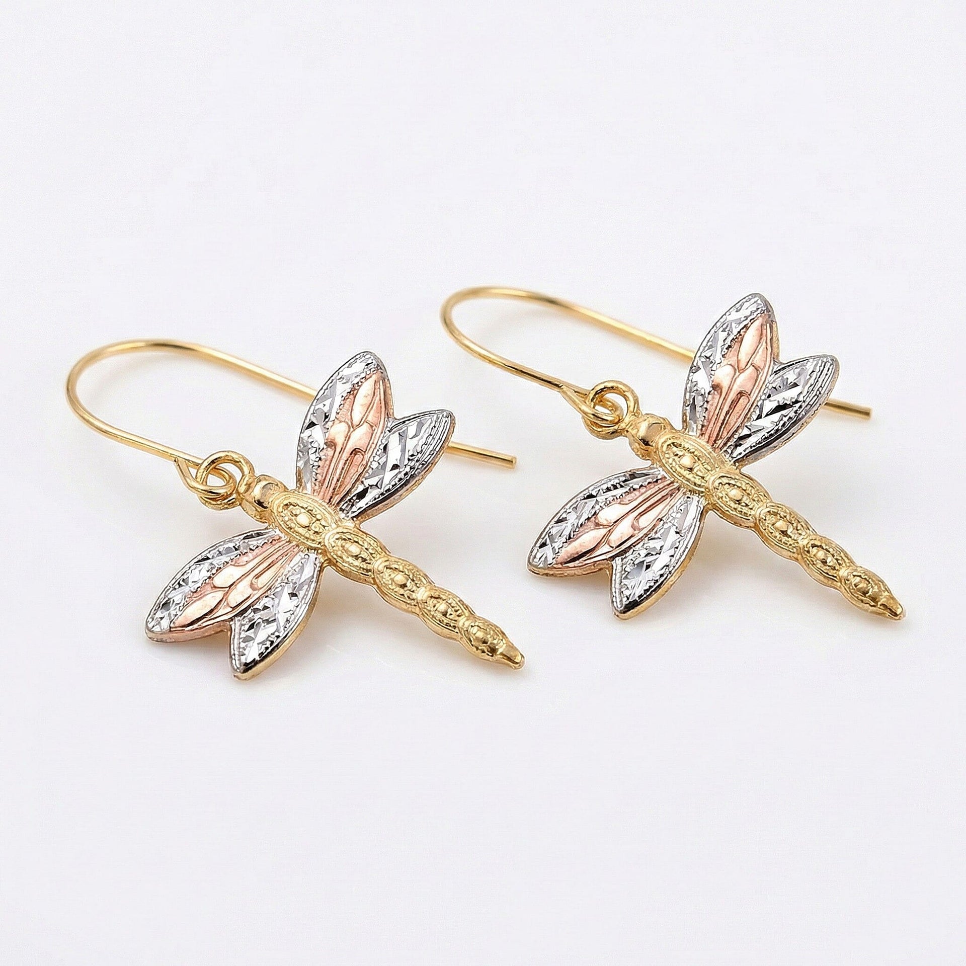 9K Tri Colour Gold 15MM X 17MM Textured Dragonfly Drop Earrings 0.45 grams 6093012 3