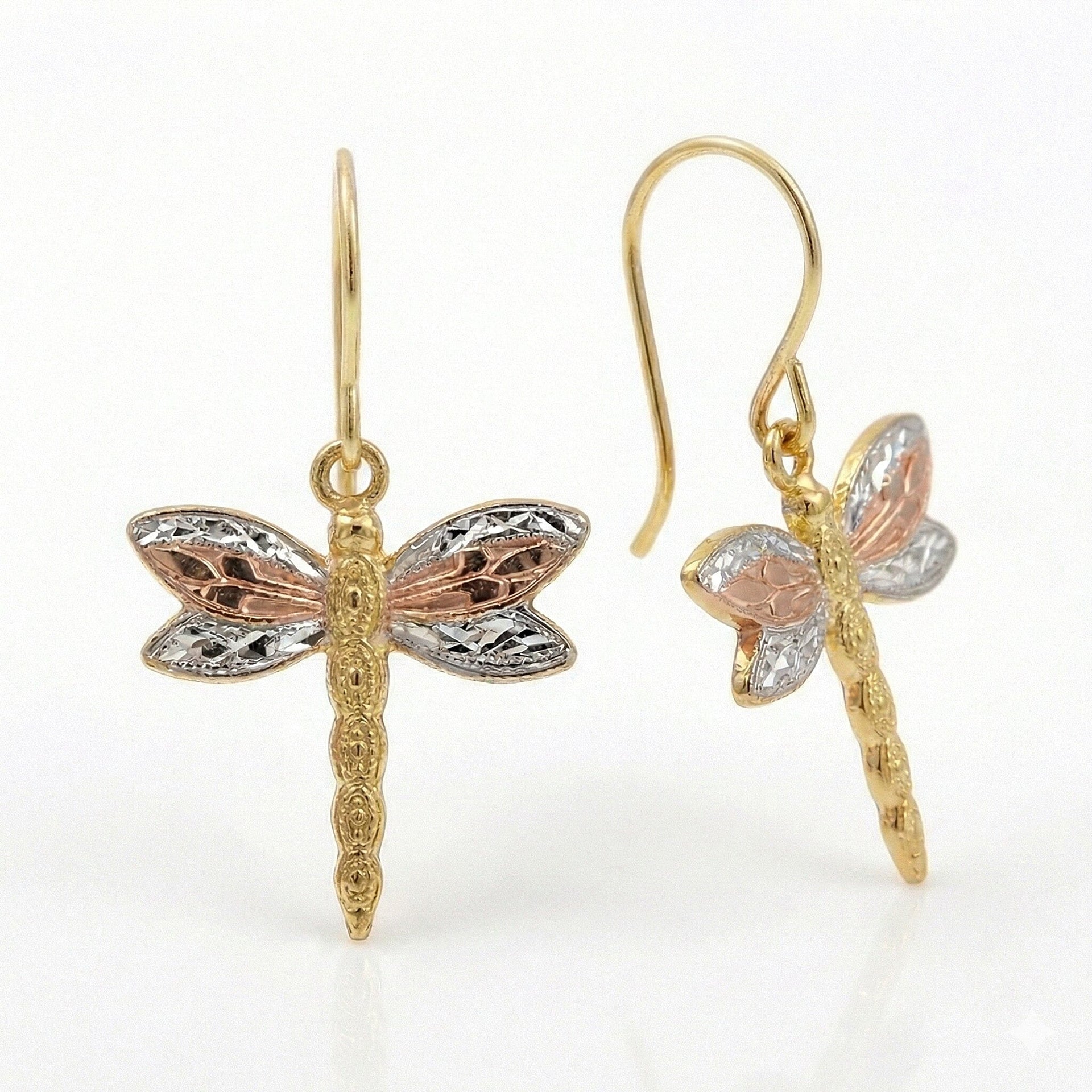 9K Tri Colour Gold 15MM X 17MM Textured Dragonfly Drop Earrings 0.45 grams 6093012 4