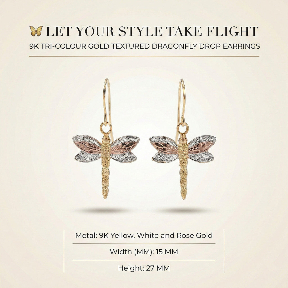 9K Tri Colour Gold 15MM X 17MM Textured Dragonfly Drop Earrings 0.45 grams 6093012 6