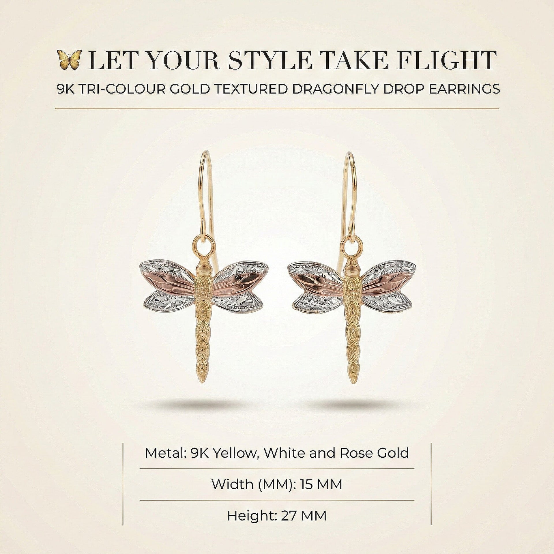 9K Tri Colour Gold 15MM X 17MM Textured Dragonfly Drop Earrings 0.45 grams 6093012 6