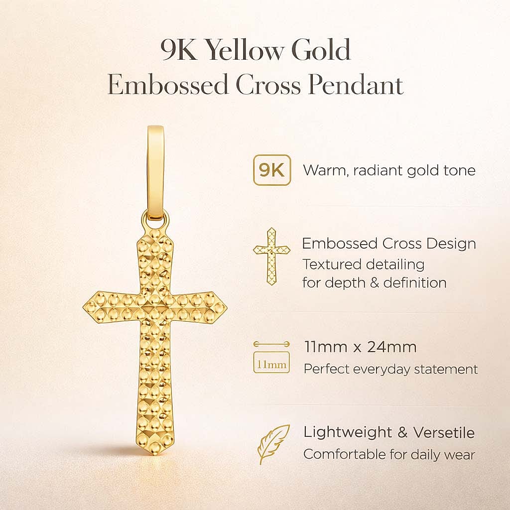 9K Yellow Gold 11mm X 24mm Embossed Cross Pendant 7188536 5