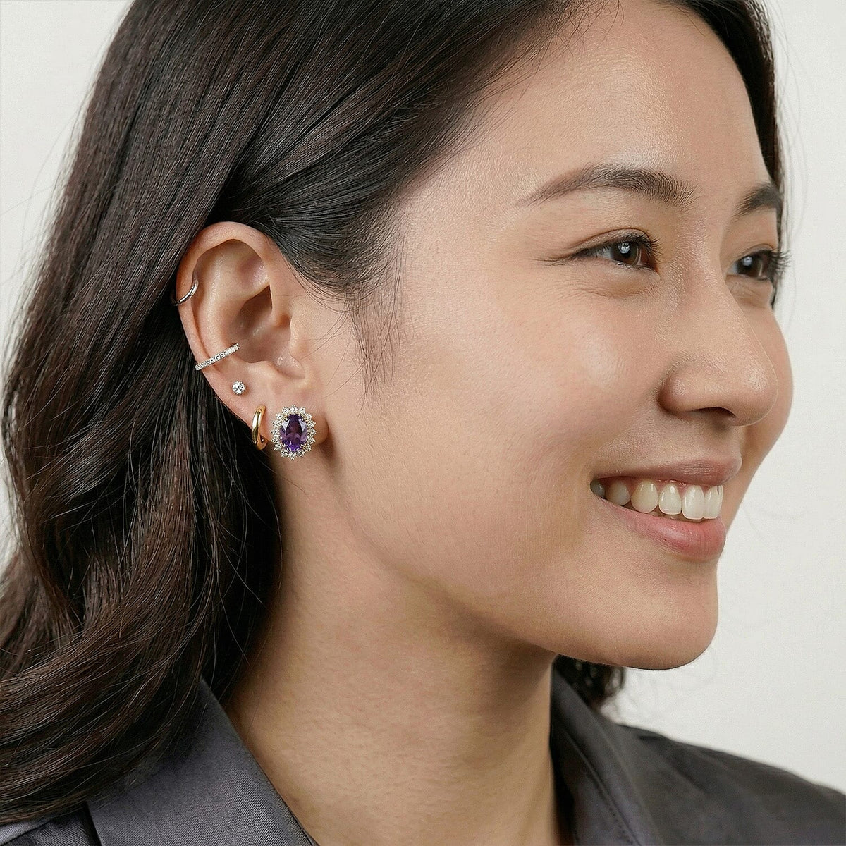 Amethyst February Birthstone Halo Stud Earrings with Cambodian Zircon in 18K Vermeil Yellow Gold Plated Sterling Silver 7363024 5
