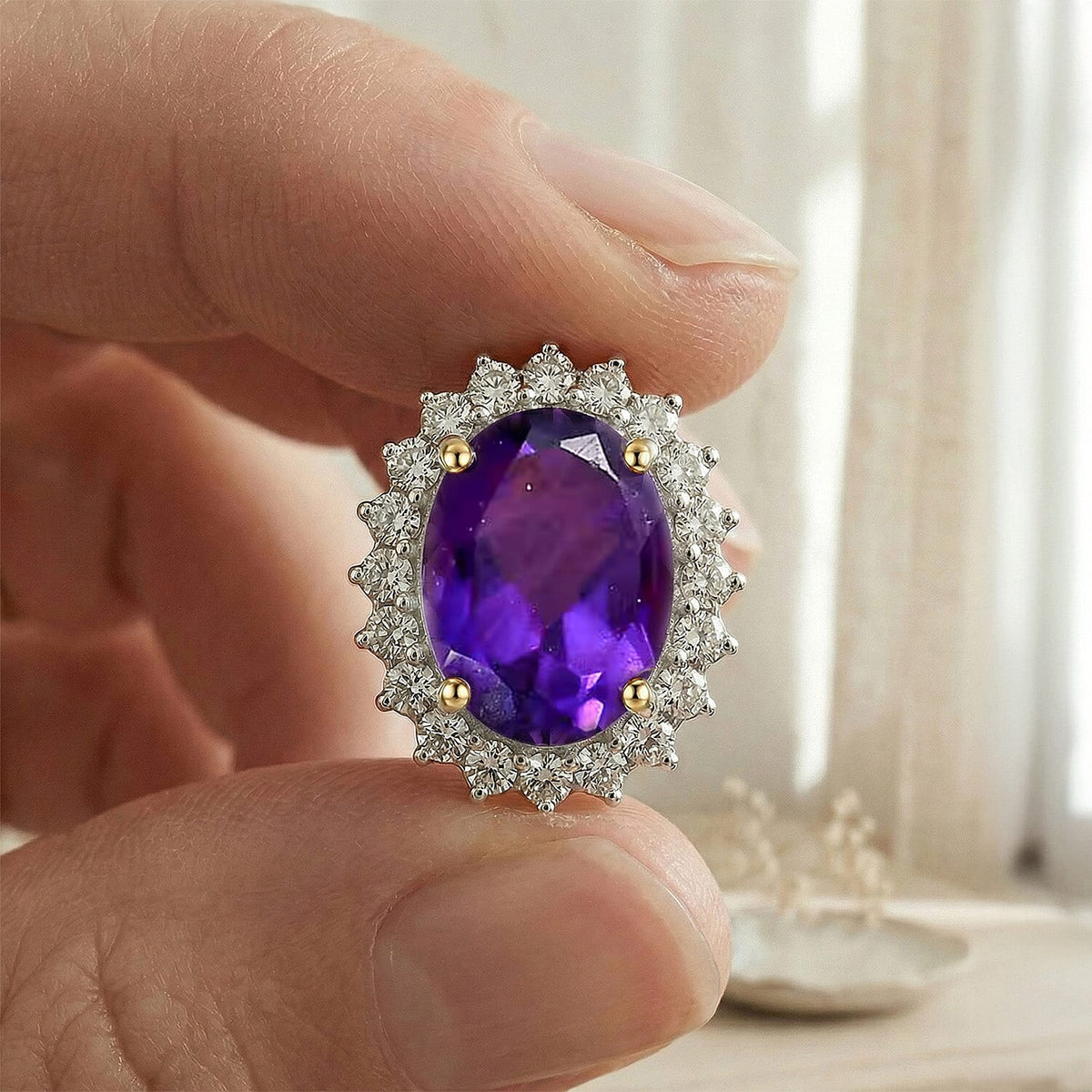 Amethyst February Birthstone Halo Stud Earrings with Cambodian Zircon in 18K Vermeil Yellow Gold Plated Sterling Silver 7363024 6