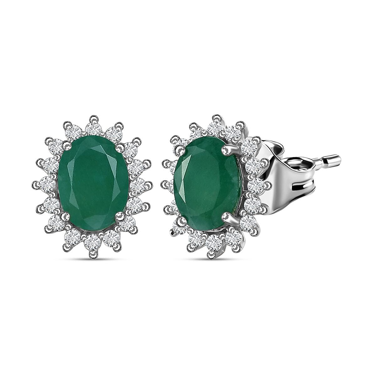 Socoto Emerald May Birthstone Halo Stud Earrings with Cambodian Zircon with Push Back in Platinum Overlay Sterling Silver 7363040 0