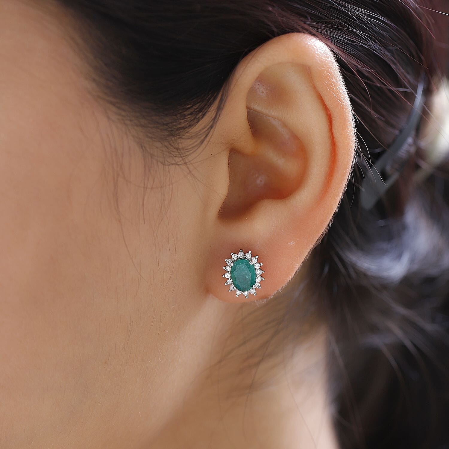 Socoto Emerald May Birthstone Halo Stud Earrings with Cambodian Zircon with Push Back in Platinum Overlay Sterling Silver 7363040 3