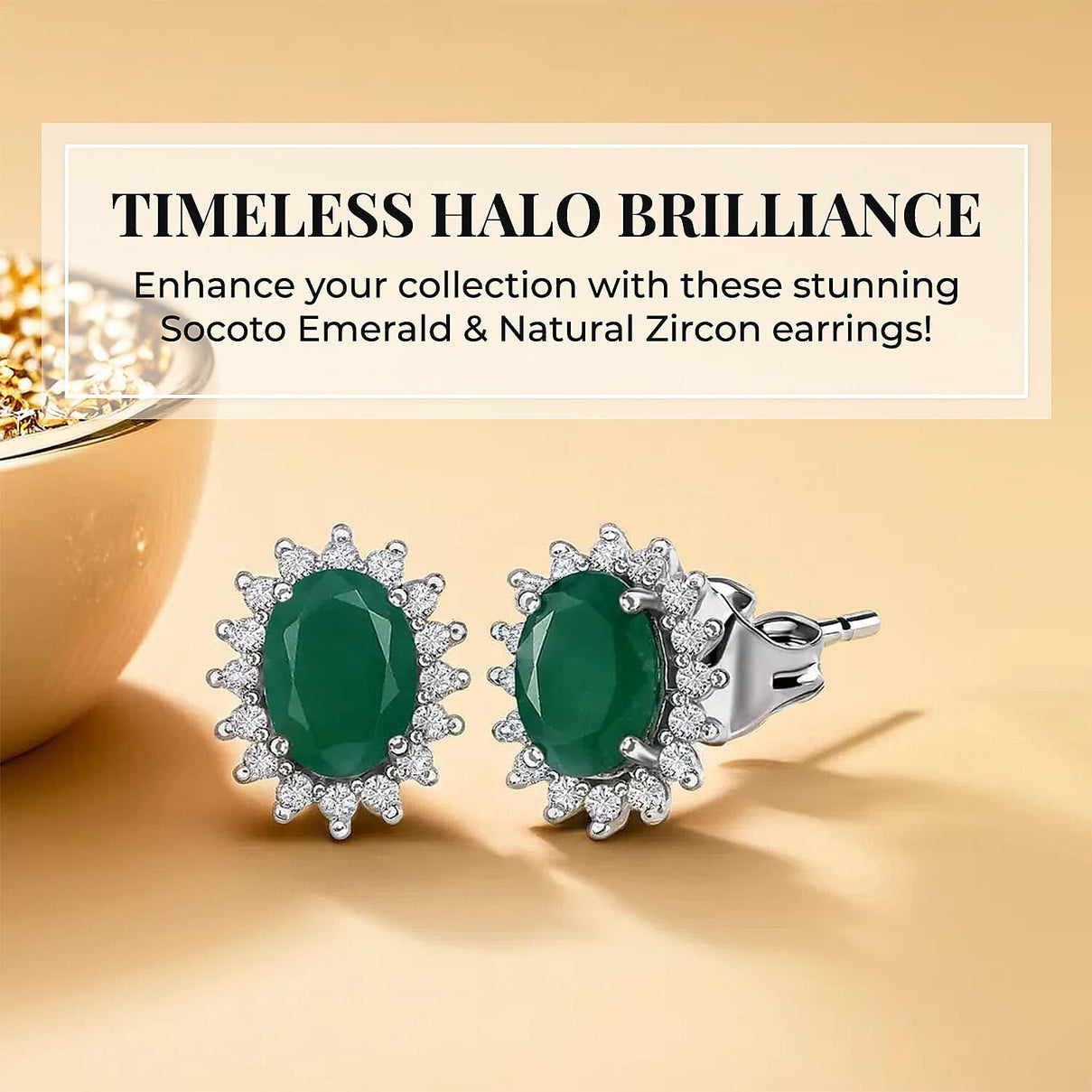 Socoto Emerald May Birthstone Halo Stud Earrings with Cambodian Zircon with Push Back in Platinum Overlay Sterling Silver 7363040 4