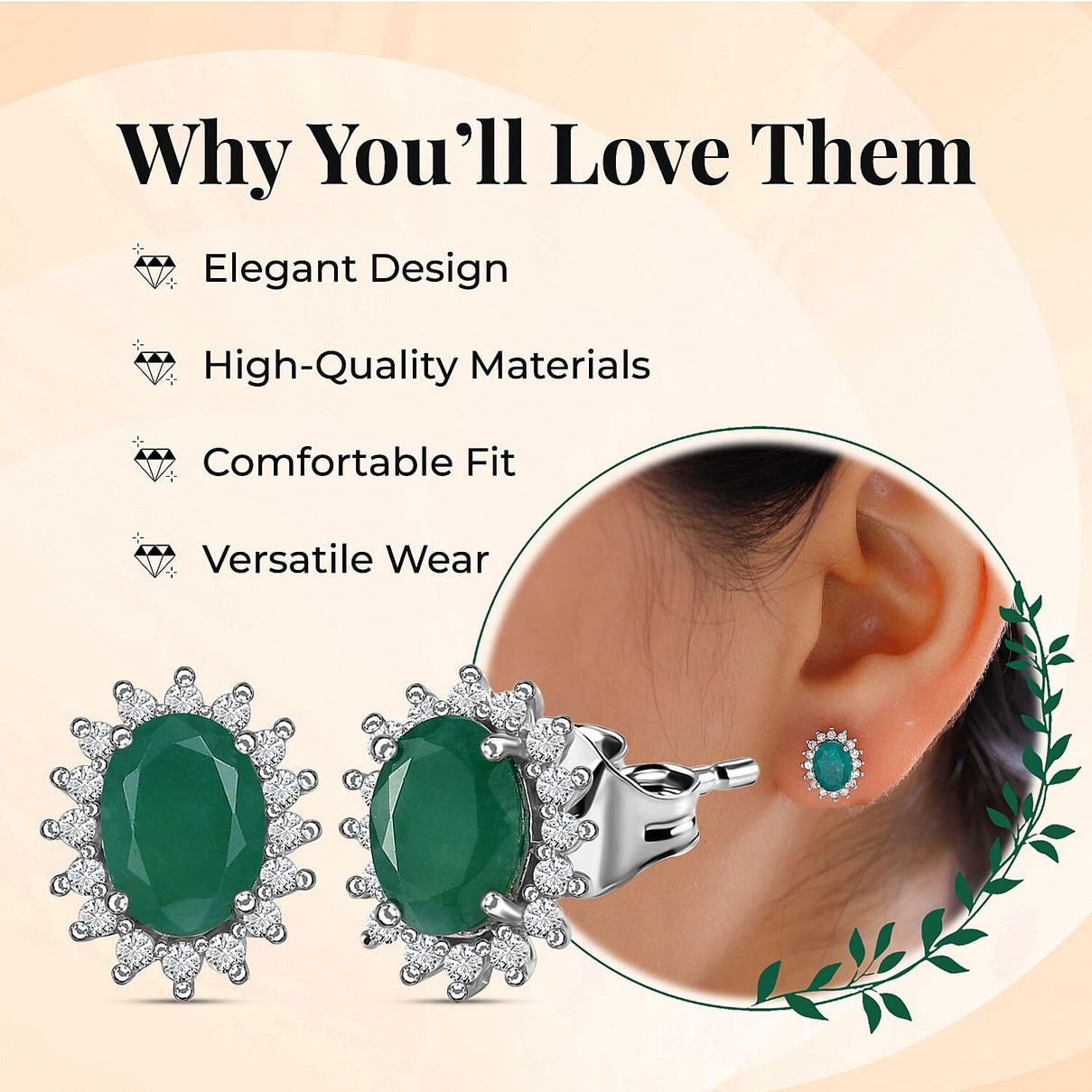Socoto Emerald May Birthstone Halo Stud Earrings with Cambodian Zircon with Push Back in Platinum Overlay Sterling Silver 7363040 6