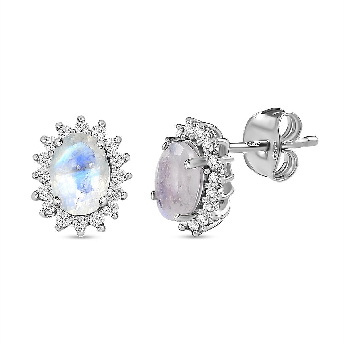 Rainbow Moonstone June Birthstone Halo Stud Earrings with Cambodian Zircon in Platinum Overlay Sterling Silver 7363055 0
