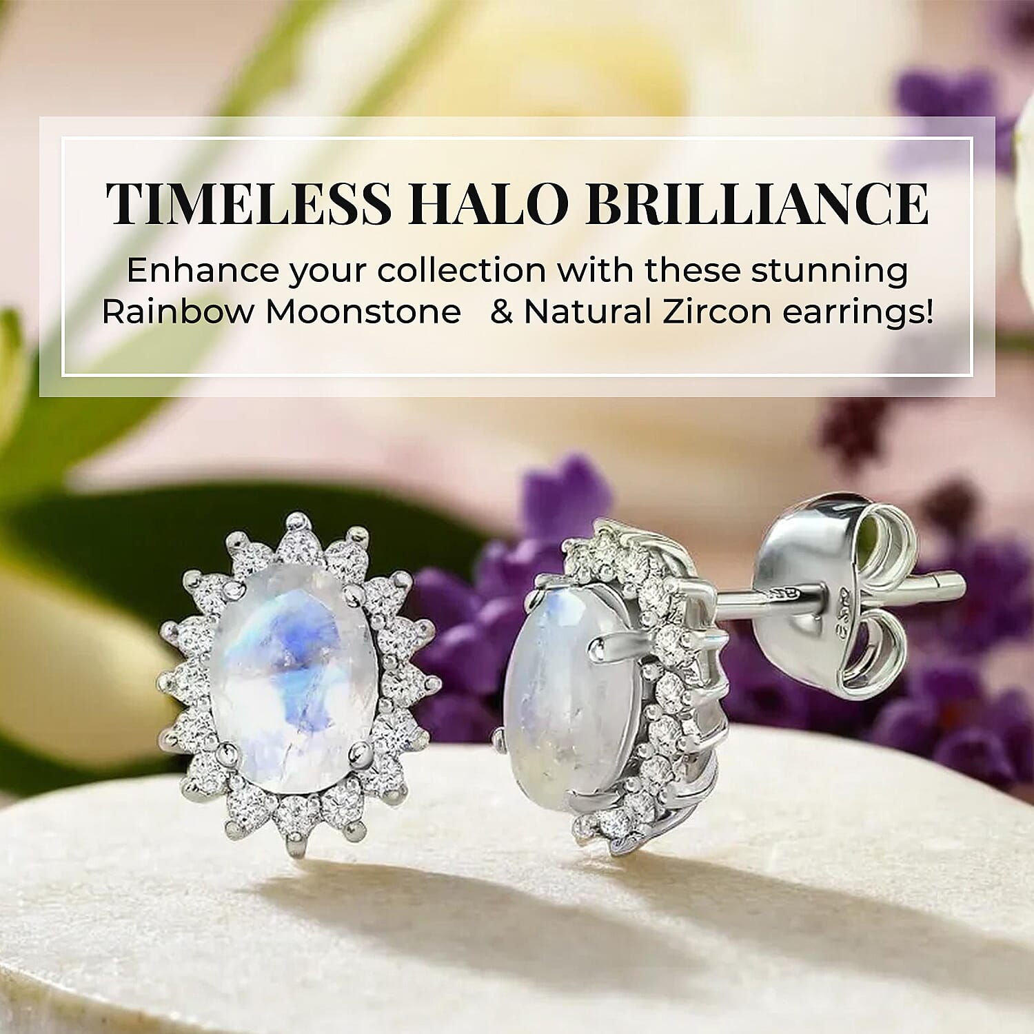 Rainbow Moonstone June Birthstone Halo Stud Earrings with Cambodian Zircon in Platinum Overlay Sterling Silver 7363055 4