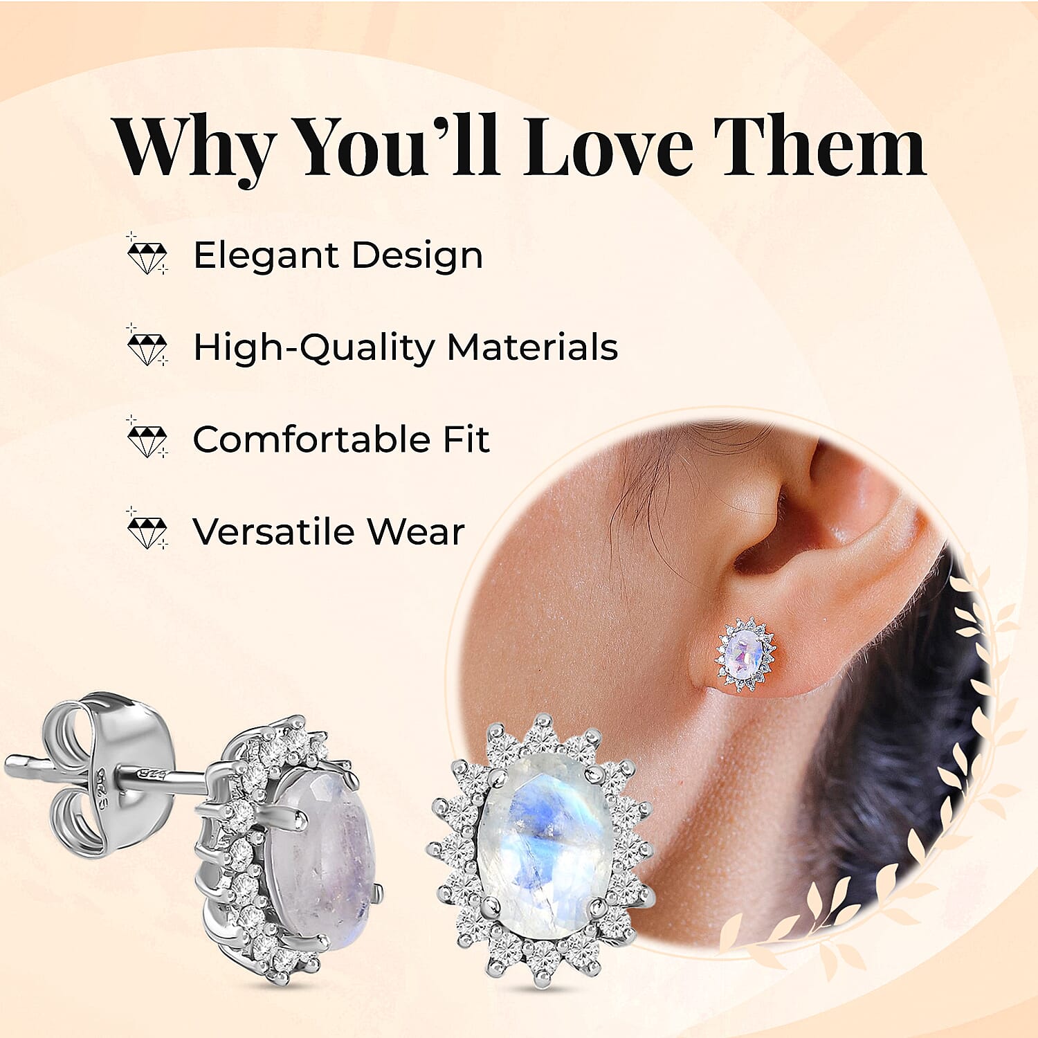Rainbow Moonstone June Birthstone Halo Stud Earrings with Cambodian Zircon in Platinum Overlay Sterling Silver 7363055 6