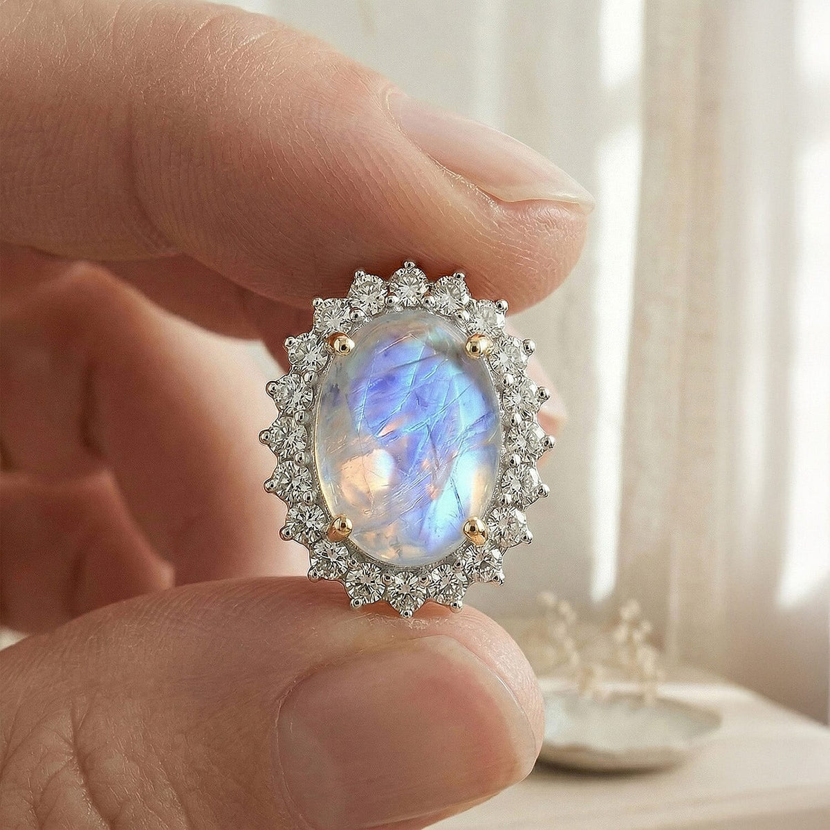 Rainbow Moonstone June Birthstone Halo Stud Earrings with Cambodian Zircon in 18K Vermeil Yellow Gold Plated Sterling Silver 7363056 6