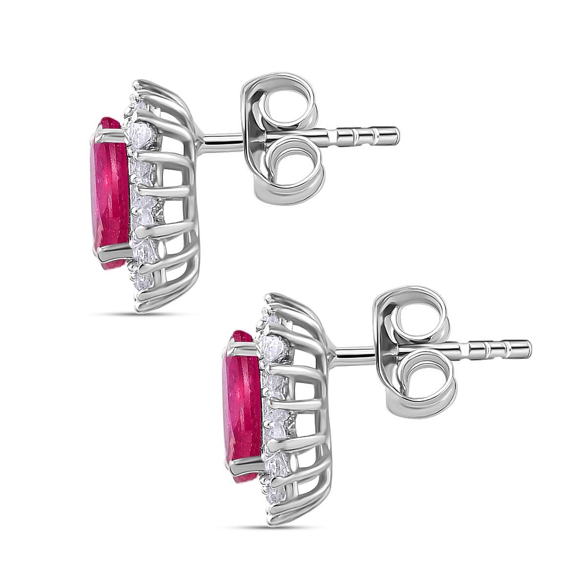 African Ruby July Birthstone Halo Stud Earrings with Cambodian Zircon in Platinum Overlay Sterling Silver 7363082 7