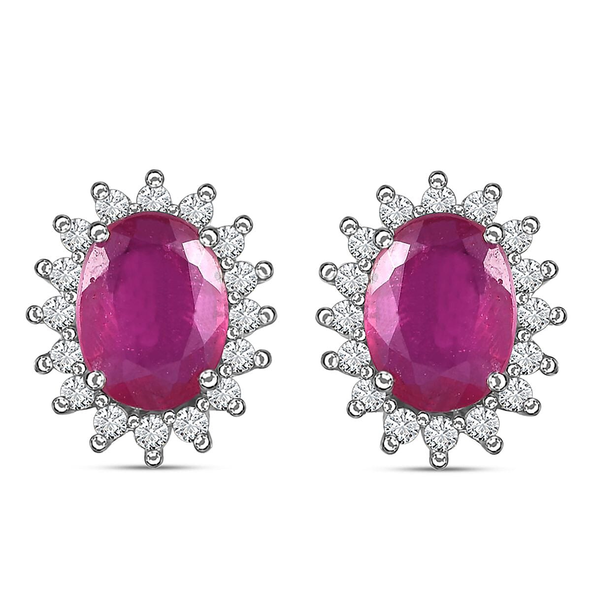 African Ruby July Birthstone Halo Stud Earrings with Cambodian Zircon in Platinum Overlay Sterling Silver 7363082 9