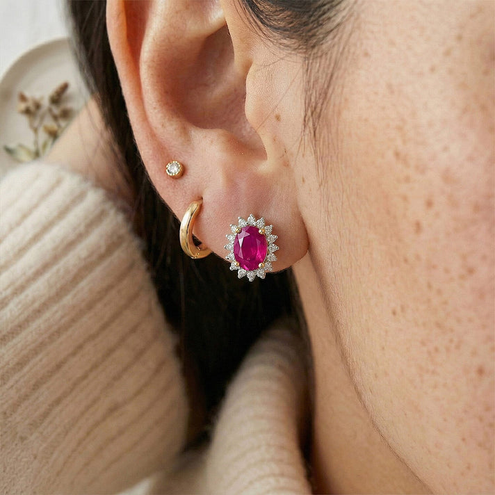 Natural African Ruby (FF) July Birthstone Halo Stud Earrings with Cambodian Zircon in 18K Vermeil Yellow Gold Plated Sterling Silver 7363083 2
