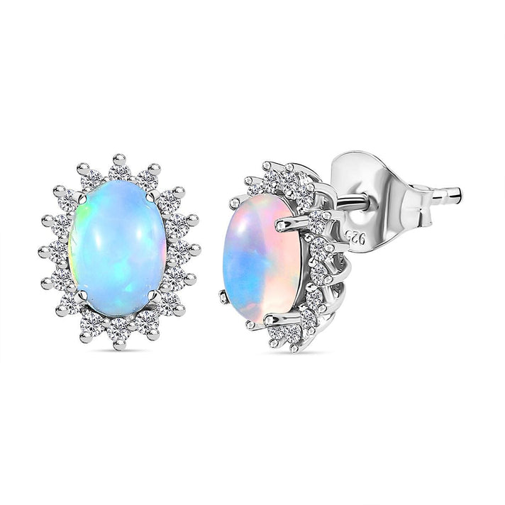 Rainbow Moonstone June Birthstone Halo Stud Earrings with Cambodian Zircon in Platinum Overlay Sterling Silver 7363055 1