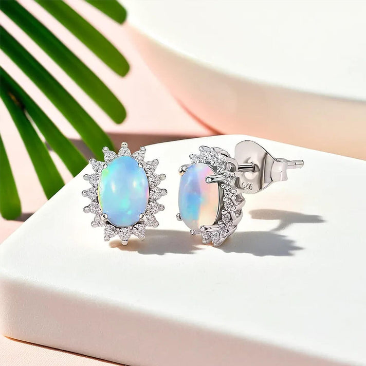 Rainbow Moonstone June Birthstone Halo Stud Earrings with Cambodian Zircon in Platinum Overlay Sterling Silver 7363055 2