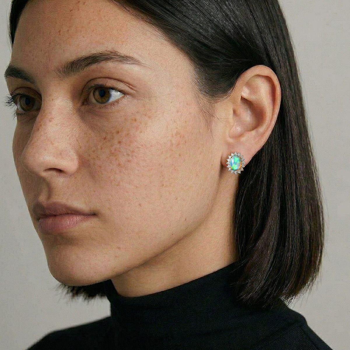 Ethiopian Welo Opal October Birthstone Halo Stud Earrings with Cambodian Zircon in 18K Vermeil Yellow Gold Plated Sterling Silver 7363099 3