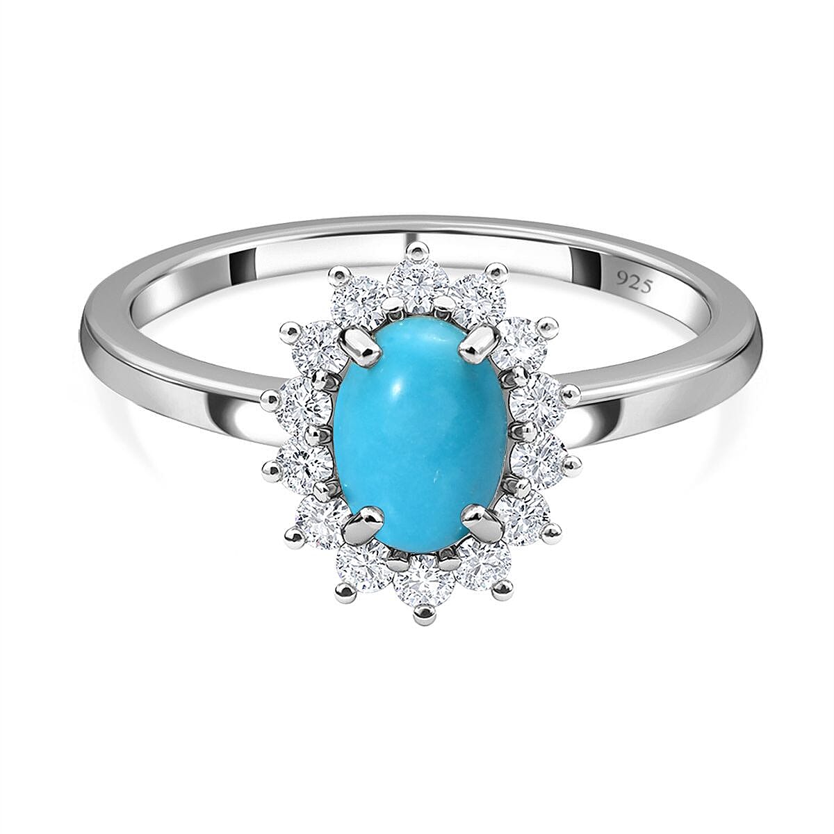 Princess Diana Inspired Arizona Sleeping Beauty Turquoise December Birthstone Halo Ring in Sterling Silver with Platinum Plating 7363175 0