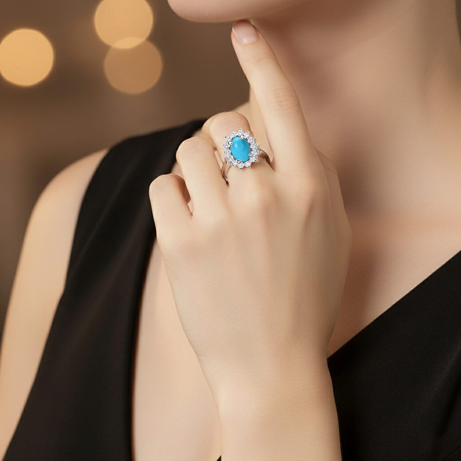 Princess Diana Inspired Arizona Sleeping Beauty Turquoise December Birthstone Halo Ring in Sterling Silver with Platinum Plating 7363175 3