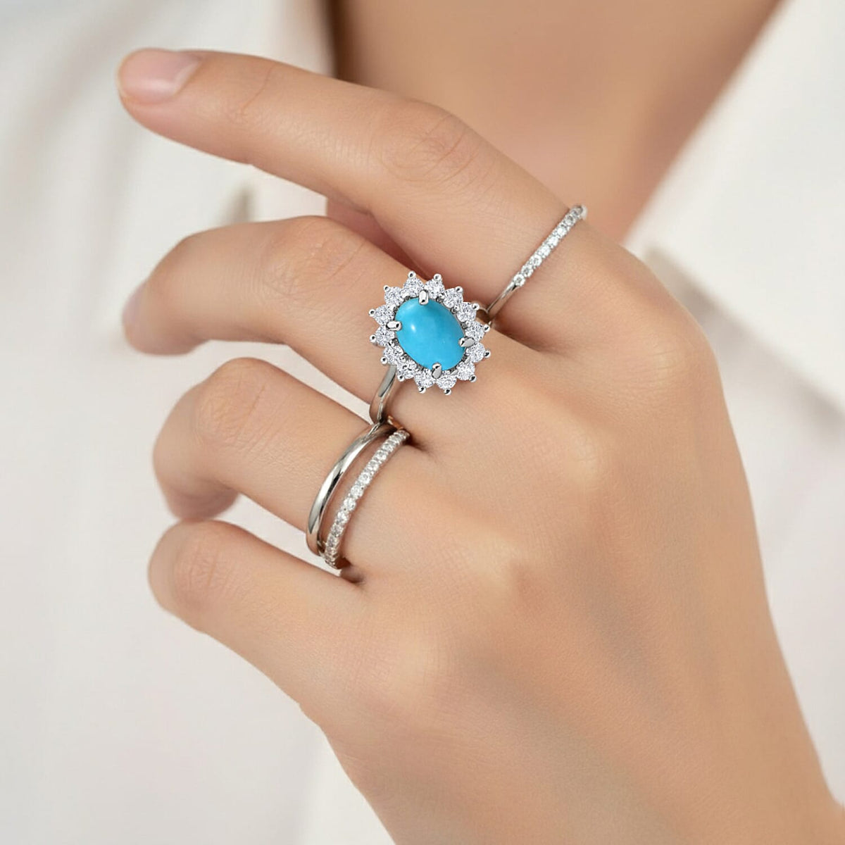 Princess Diana Inspired Arizona Sleeping Beauty Turquoise December Birthstone Halo Ring in Sterling Silver with Platinum Plating 7363175 4