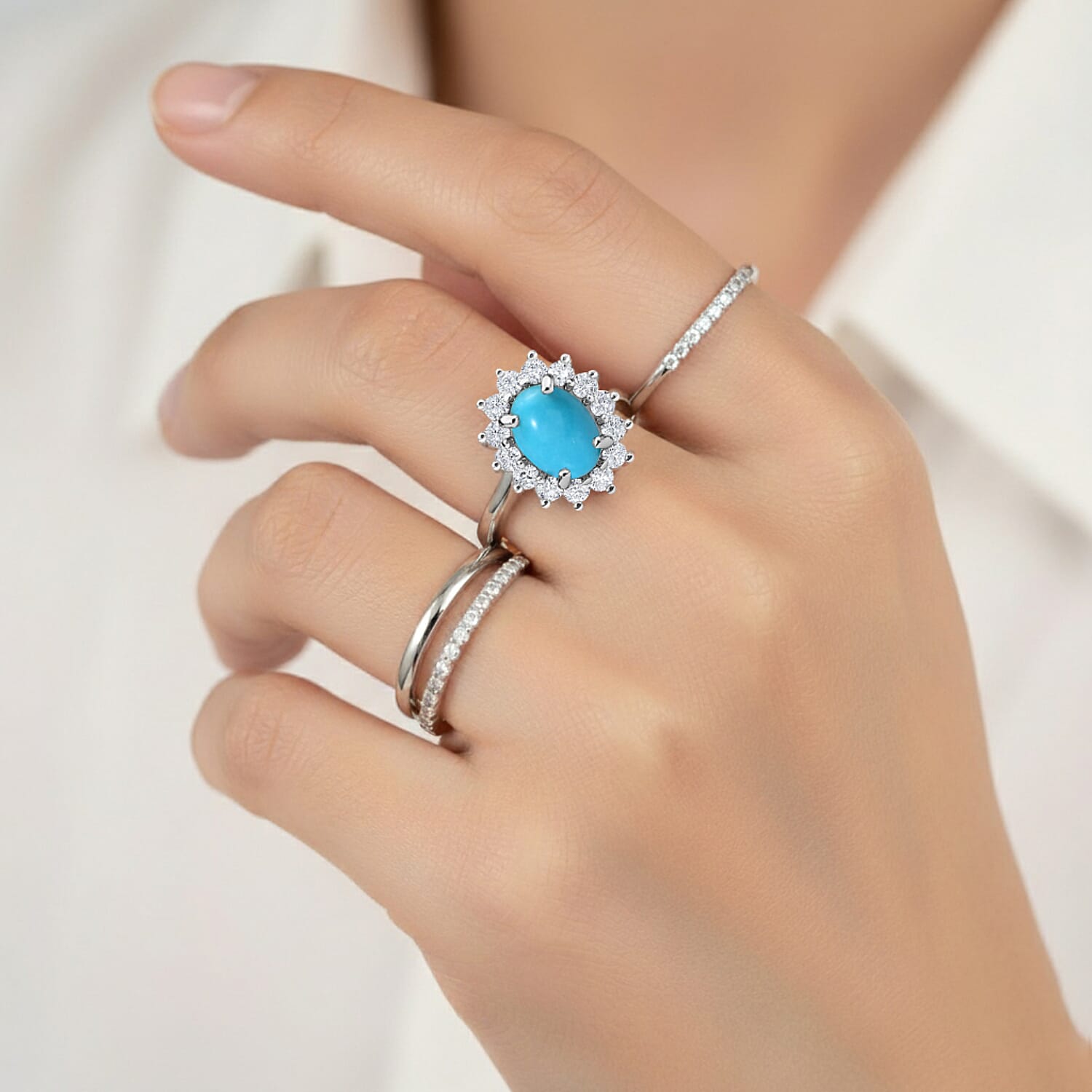 Princess Diana Inspired Arizona Sleeping Beauty Turquoise December Birthstone Halo Ring in Sterling Silver with Platinum Plating 7363175 4