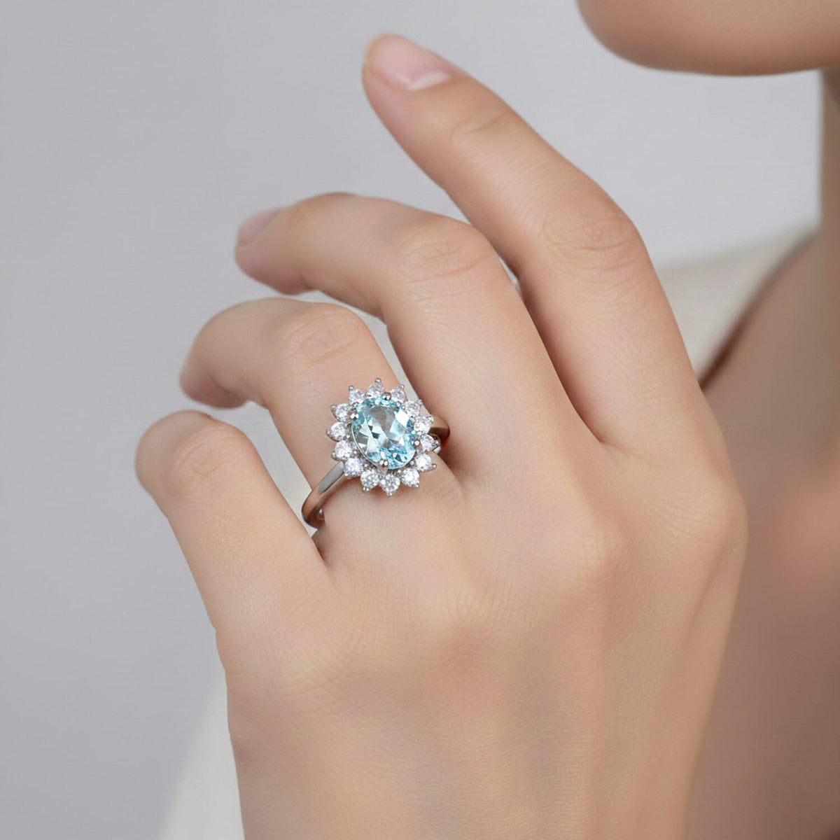 Princess Diana Inspired Aquamarine March Birthstone Halo Ring in Sterling Silver with Platinum Plating 7442101 2