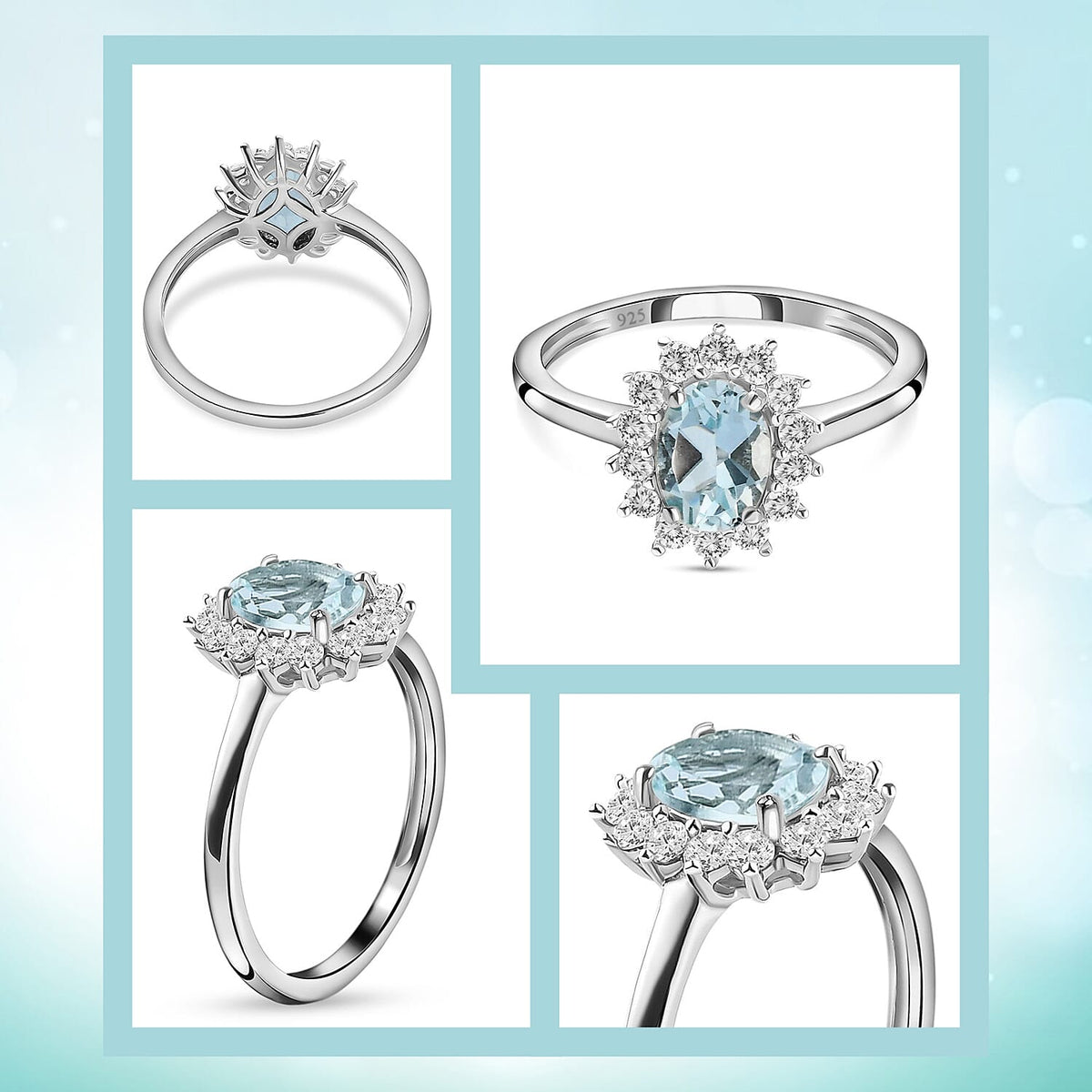 Princess Diana Inspired Aquamarine March Birthstone Halo Ring in Sterling Silver with Platinum Plating 7442101 6