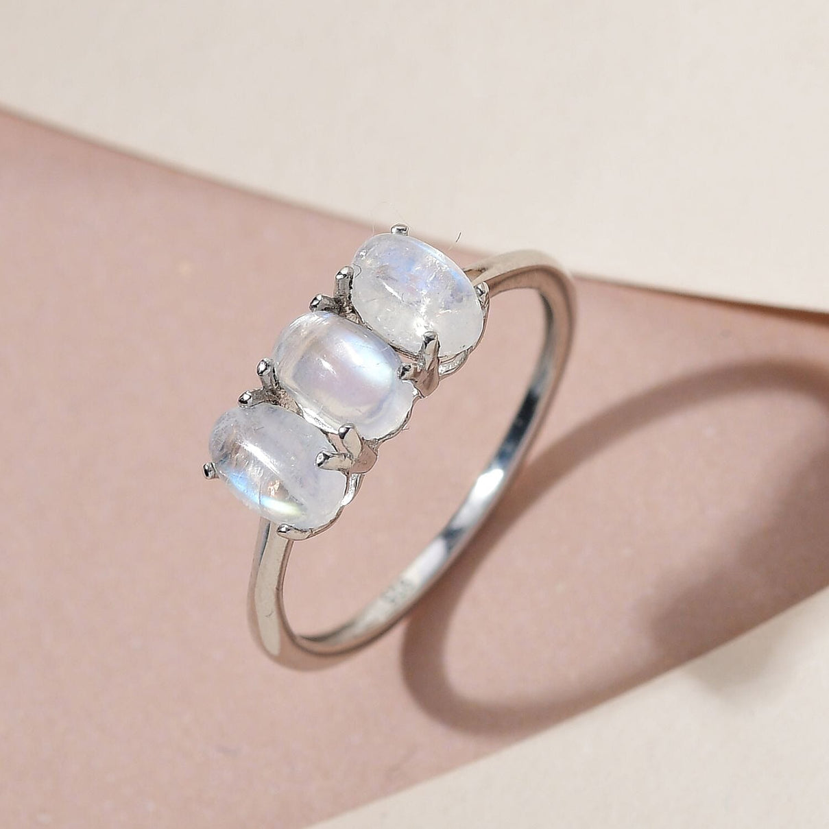 Rainbow Moonstone Trilogy Ring in Platinum Overlay Sterling Silver 7442237 2