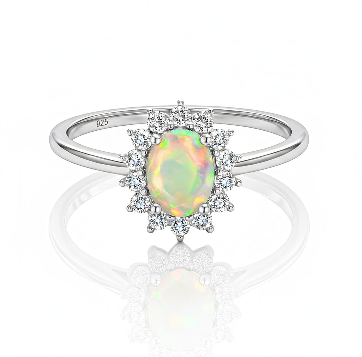 Princess Diana Inspired Ethiopian Welo Opal October Birthstone Halo Ring in Sterling Silver with Platinum Plating 7442396 0
