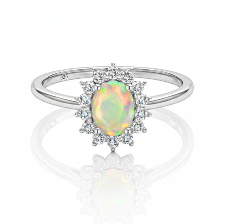 Princess Diana Inspired Ethiopian Welo Opal October Birthstone Halo Ring in Sterling Silver with Platinum Plating 7442396 1