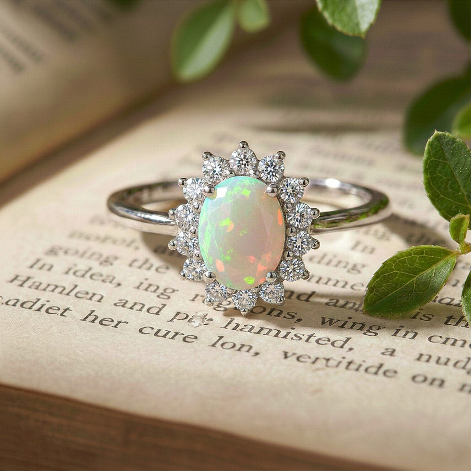 Princess Diana Inspired Ethiopian Welo Opal October Birthstone Halo Ring in Sterling Silver with Platinum Plating 7442396 5