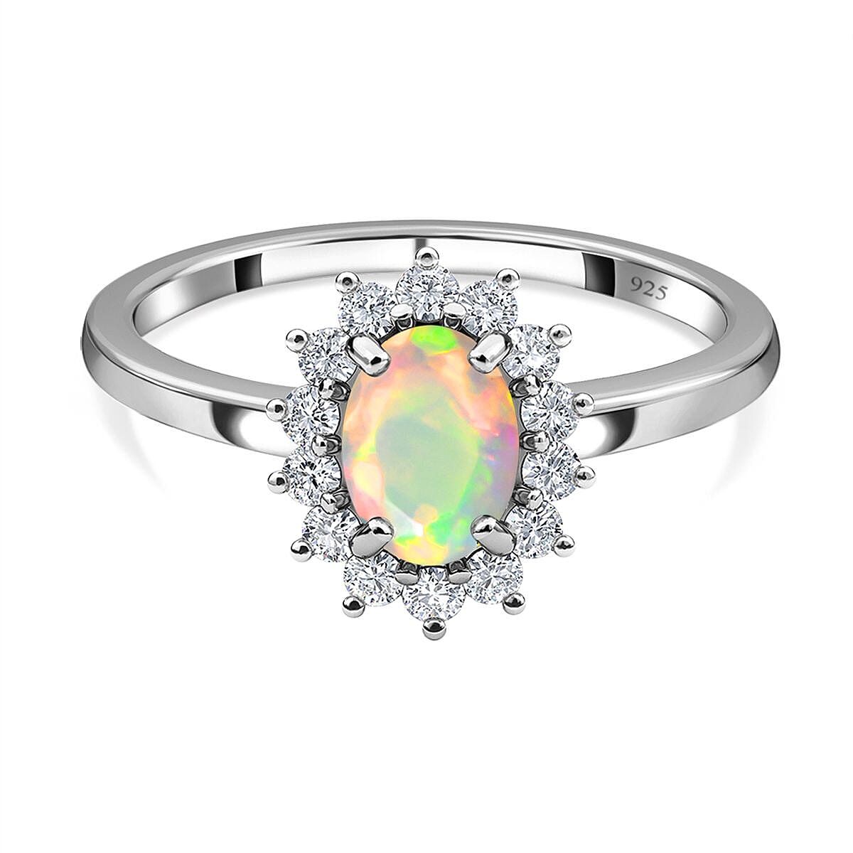 Princess Diana Inspired Ethiopian Welo Opal October Birthstone Halo Ring in Sterling Silver with Platinum Plating 7442404 0
