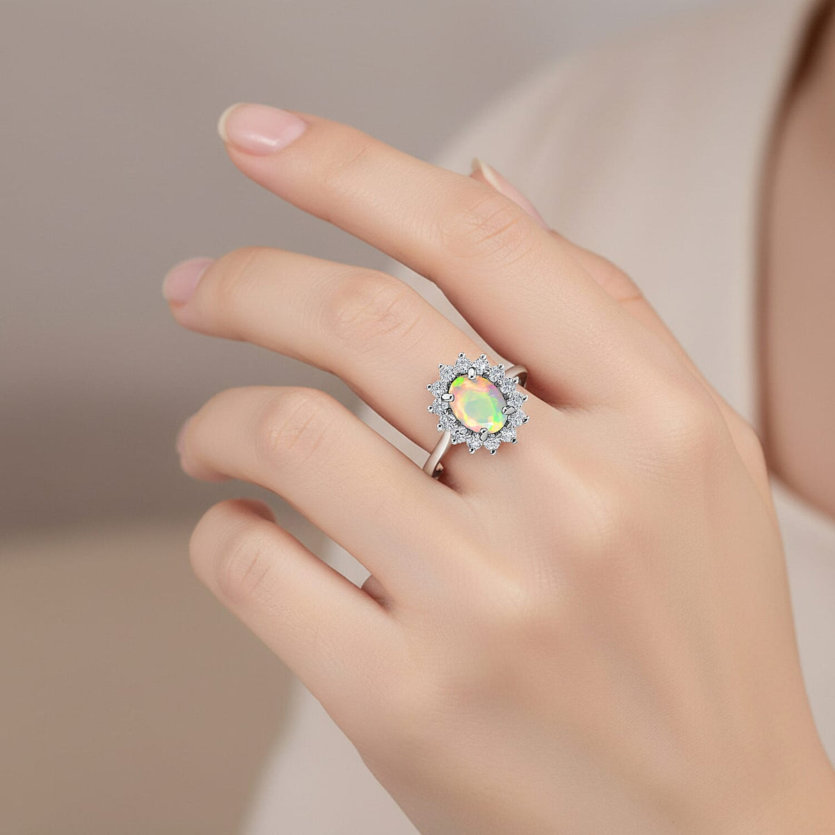 Princess Diana Inspired Ethiopian Welo Opal October Birthstone Halo Ring in Sterling Silver with Platinum Plating 7442404 2