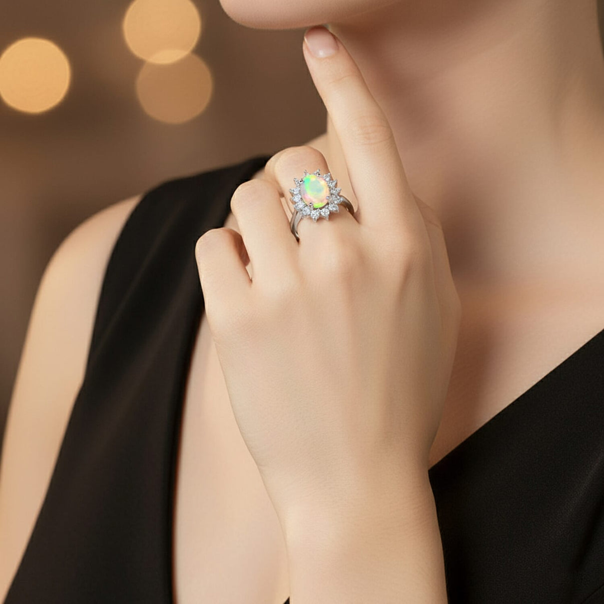 Princess Diana Inspired Ethiopian Welo Opal October Birthstone Halo Ring in Sterling Silver with Platinum Plating 7442404 3