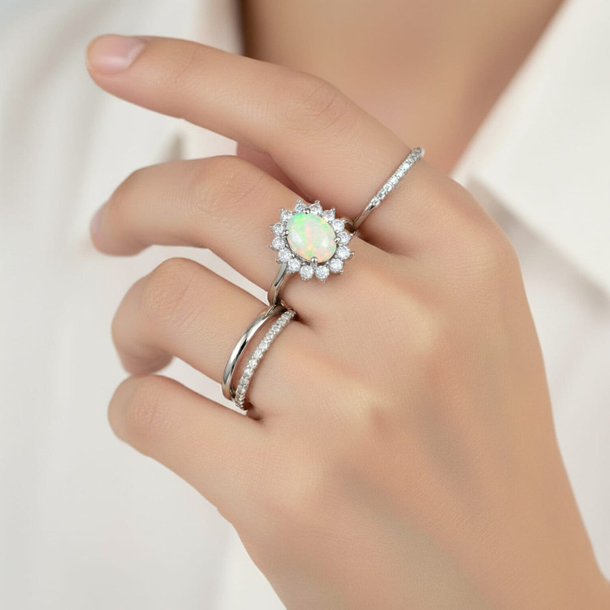 Princess Diana Inspired Ethiopian Welo Opal October Birthstone Halo Ring in Sterling Silver with Platinum Plating 7442404 4