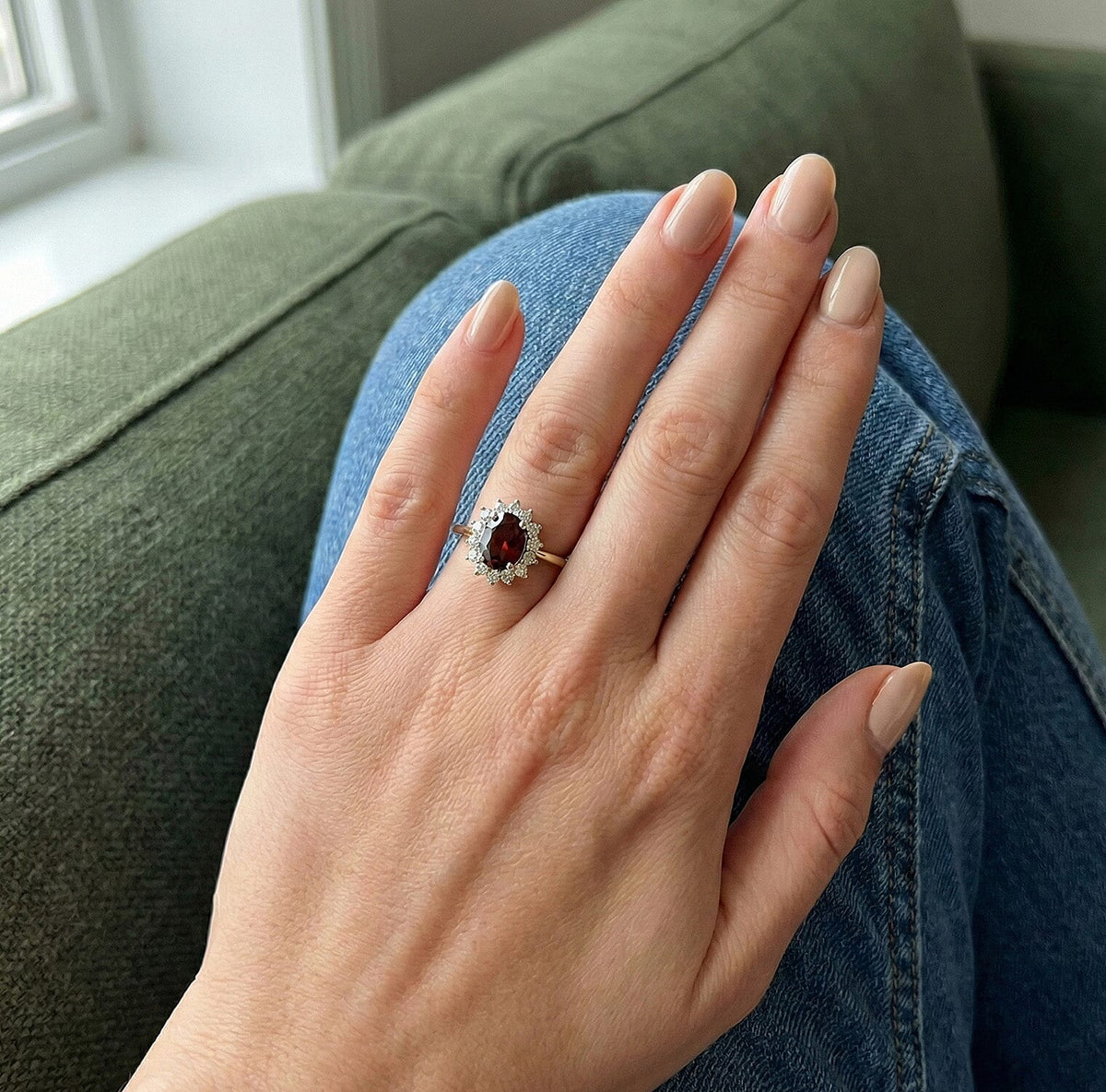 Princess Diana Inspired Mozambique Garnet January Birthstone Halo Ring in Sterling Silver with 18K Vermeil Yellow Gold 7442544 3