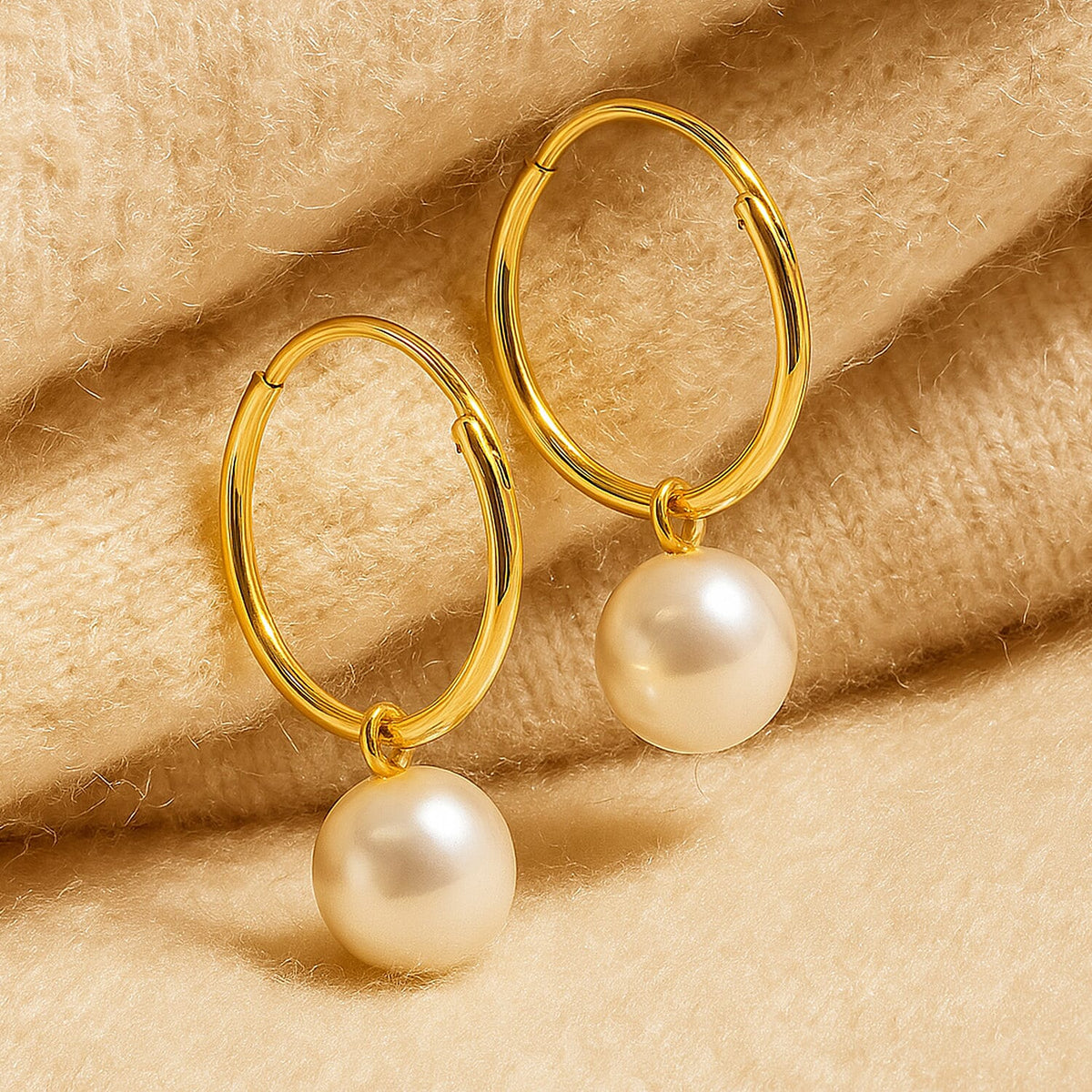 9K Yellow Gold Hoop Earring with Pearl Bead 7488827 1