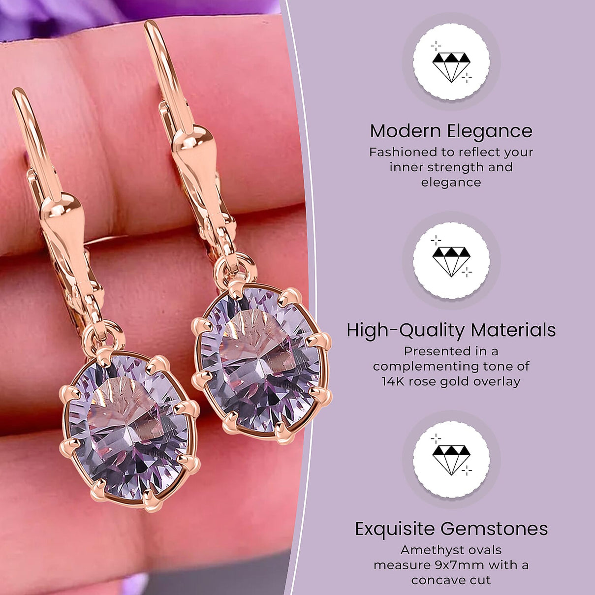 D'Joy - Rose De France Amethyst Solitaire Earrings with Lever Back in Rose Gold Plated Sterling Silver 3.10 Ct. 7519985 5