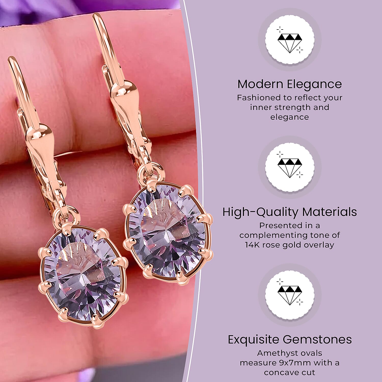 D'Joy - Rose De France Amethyst Solitaire Earrings with Lever Back in Rose Gold Plated Sterling Silver 3.10 Ct. 7519985 5