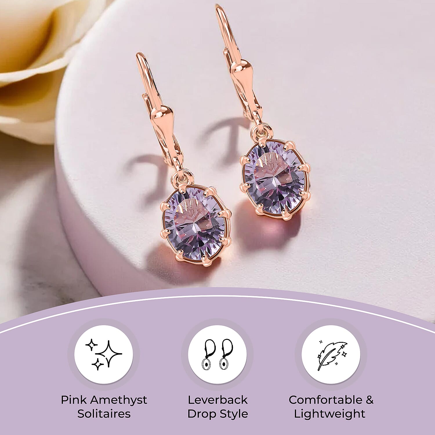 D'Joy - Rose De France Amethyst Solitaire Earrings with Lever Back in Rose Gold Plated Sterling Silver 3.10 Ct. 7519985 6