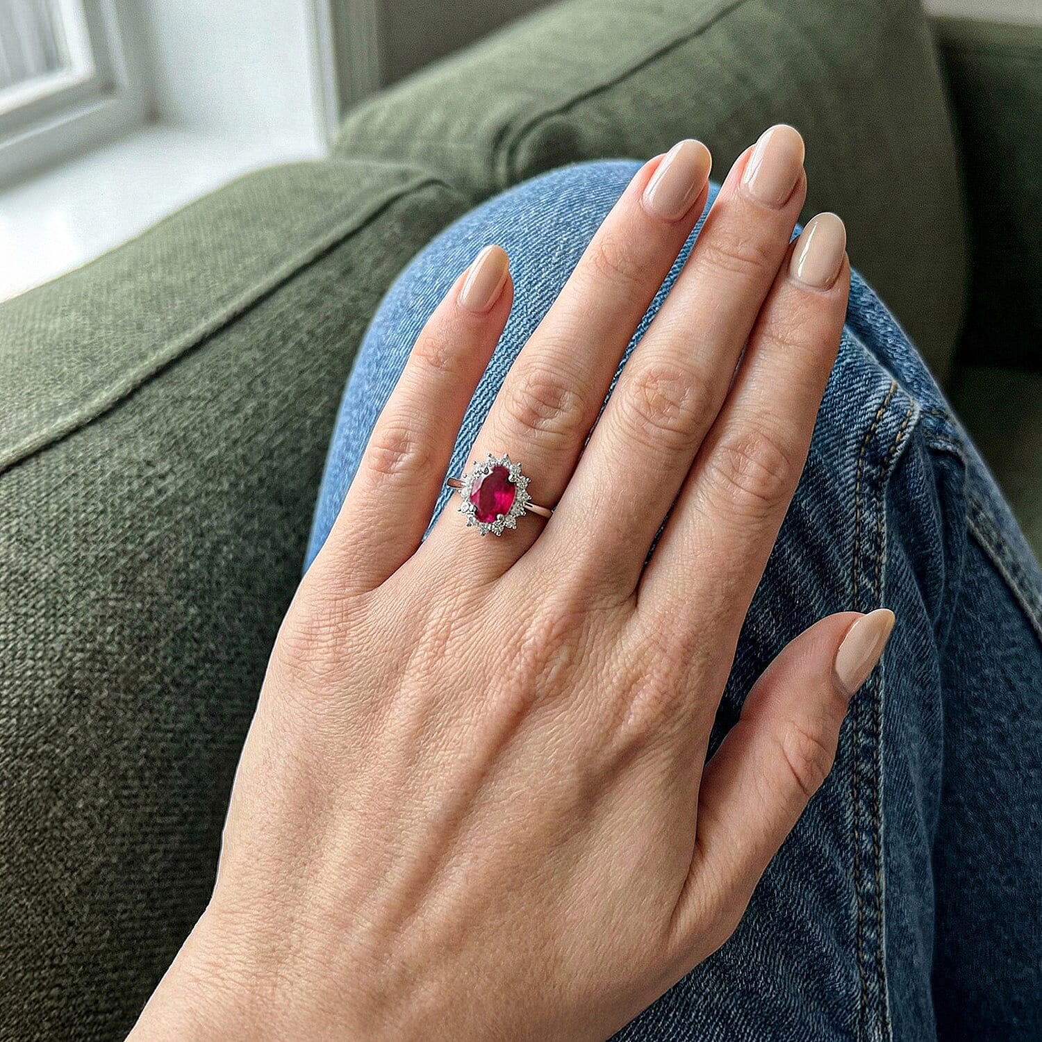 Halo African Ruby with Natural Cambodian Zircon Ring in Platinum Plated Sterling Silver 1.63 Ct. 7528222 7