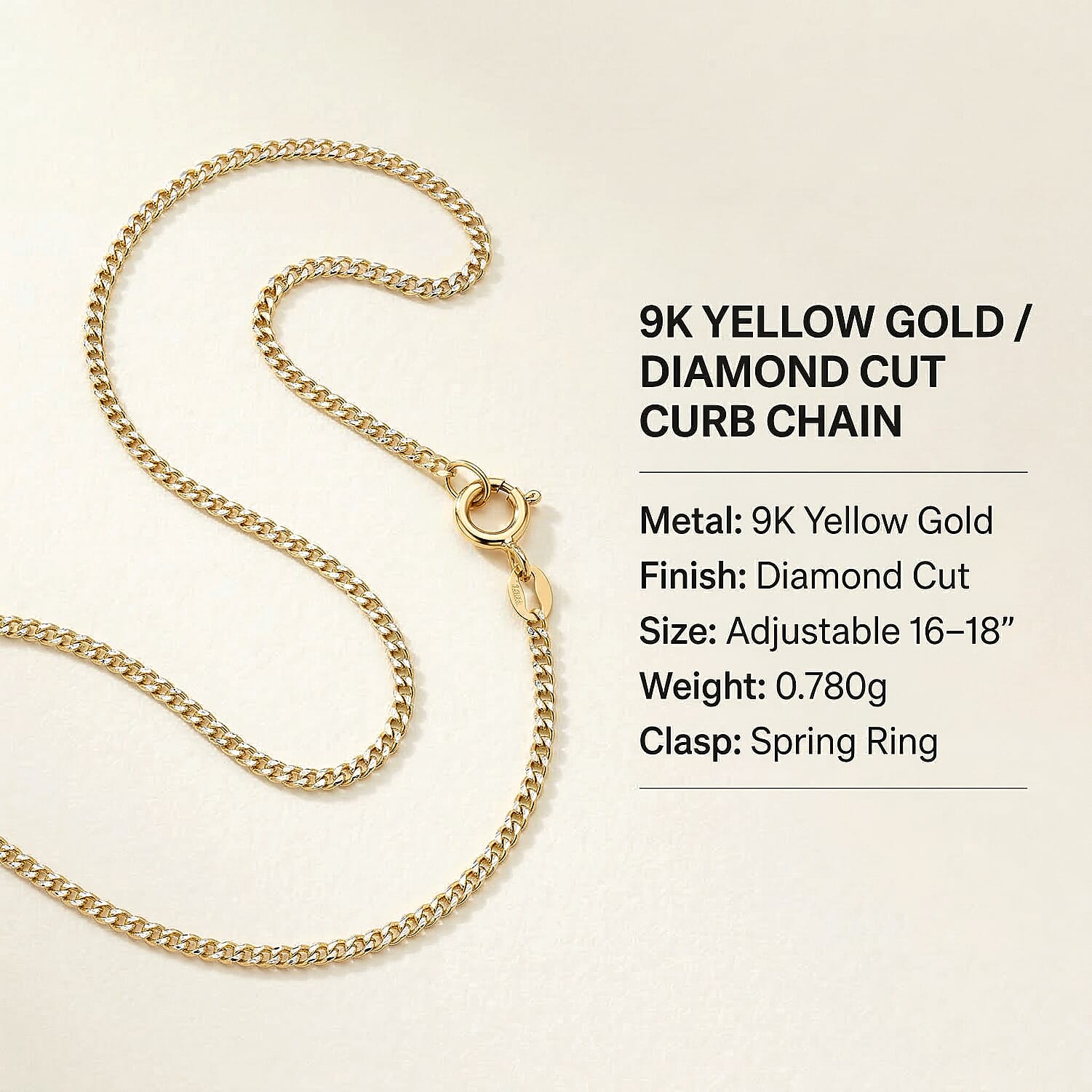 Doll Colour Diamond Cut Adjustable Curb Chain 16 Inch to 18 Inch in 9K Yellow Gold 7576359 6