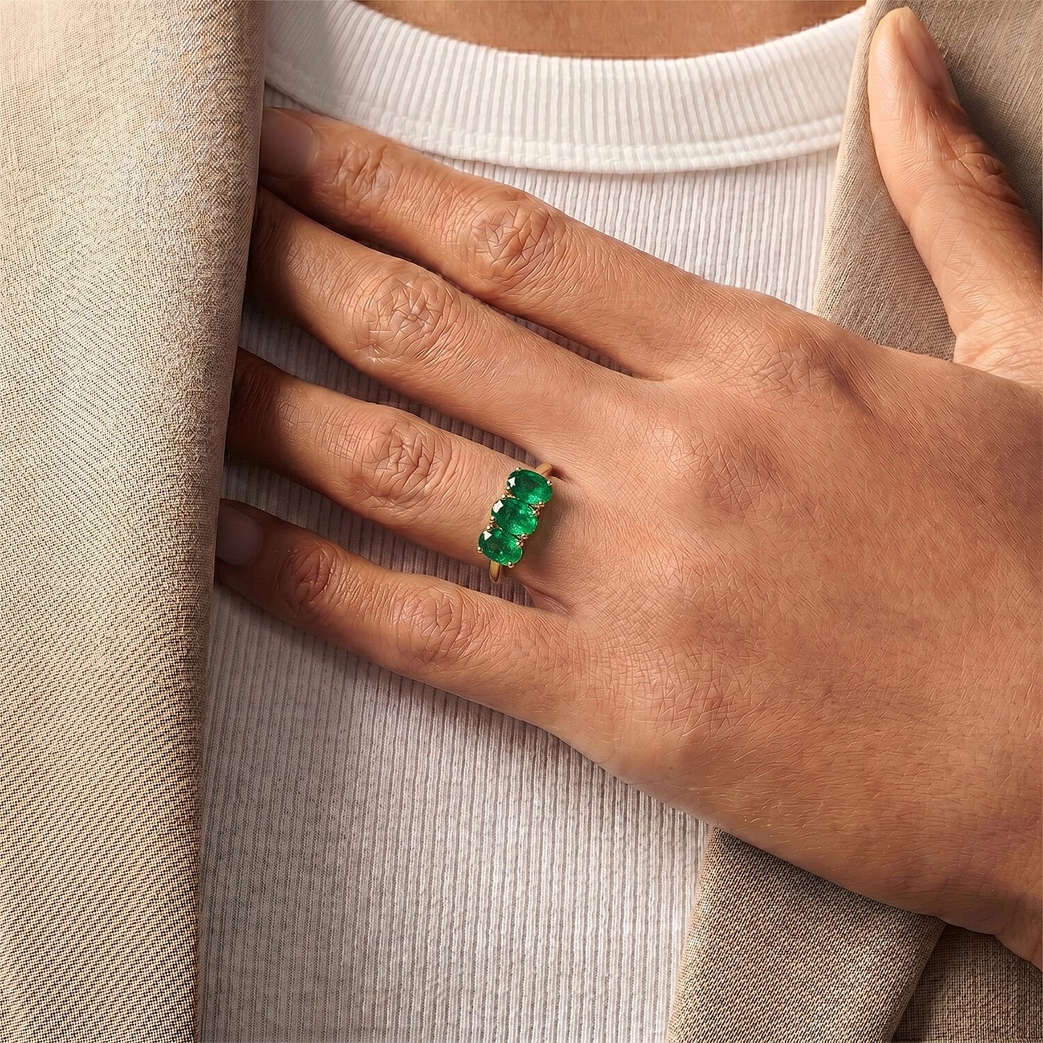 Socoto Emerald 3 Stone Ring in 18K Vermeil Yellow Gold Over Sterling Silver 7706529 7