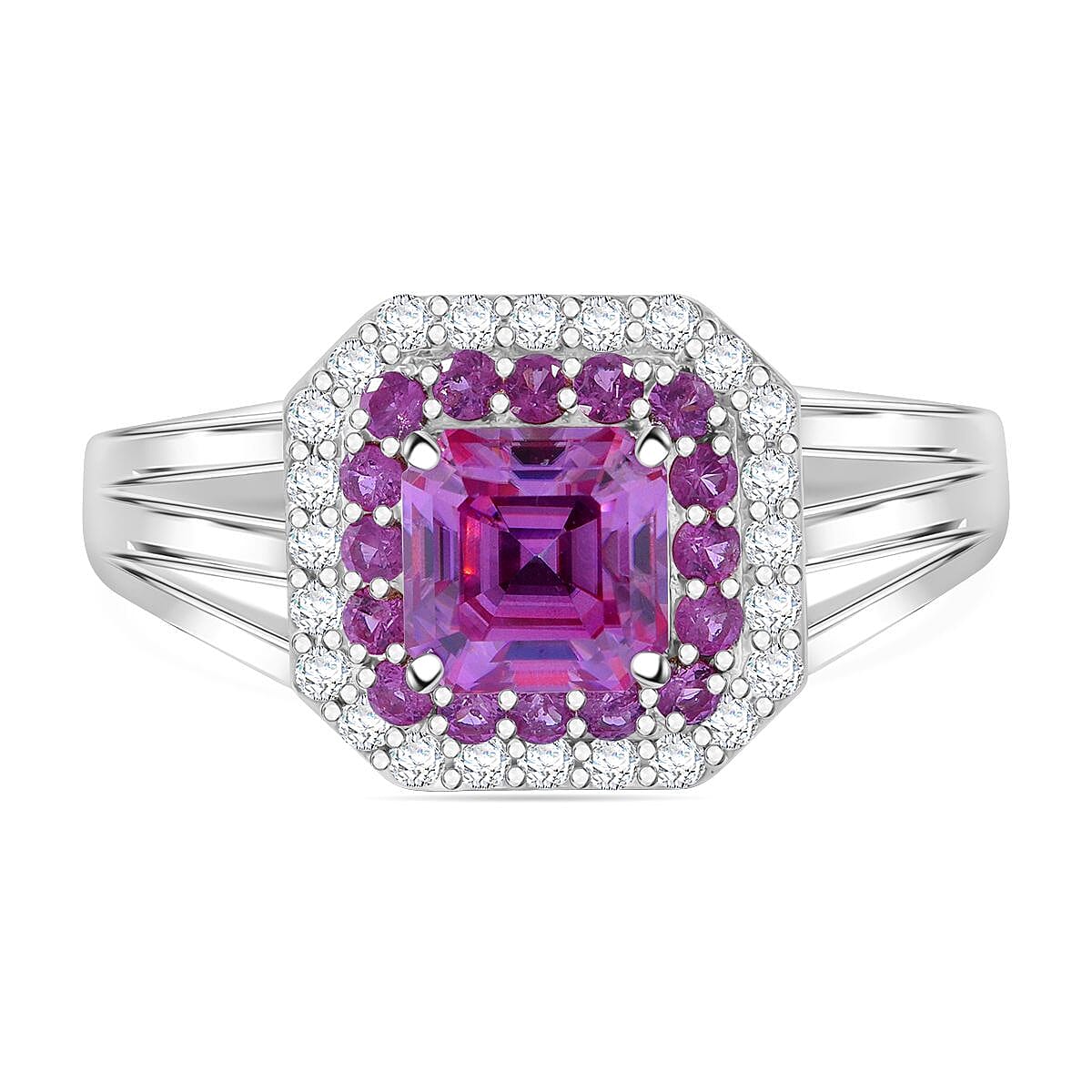 Pink Moissanite and Pink Sapphire Halo Ring in Rhodium Overlay Sterling Silver 1.61 ct V32520911 0