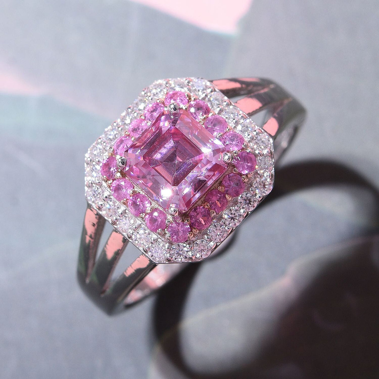Pink Moissanite and Pink Sapphire Halo Ring in Rhodium Overlay Sterling Silver 1.61 ct V32520911 1